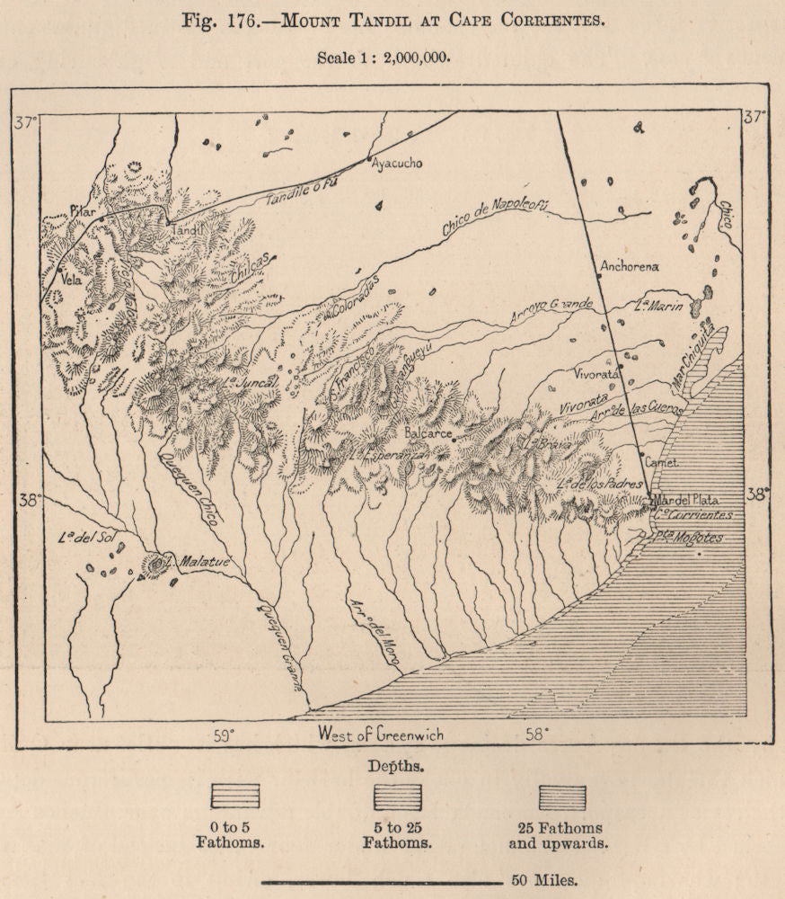 Mount Tandil at Cape/Cabo Corrientes. Argentina 1885 old antique map chart